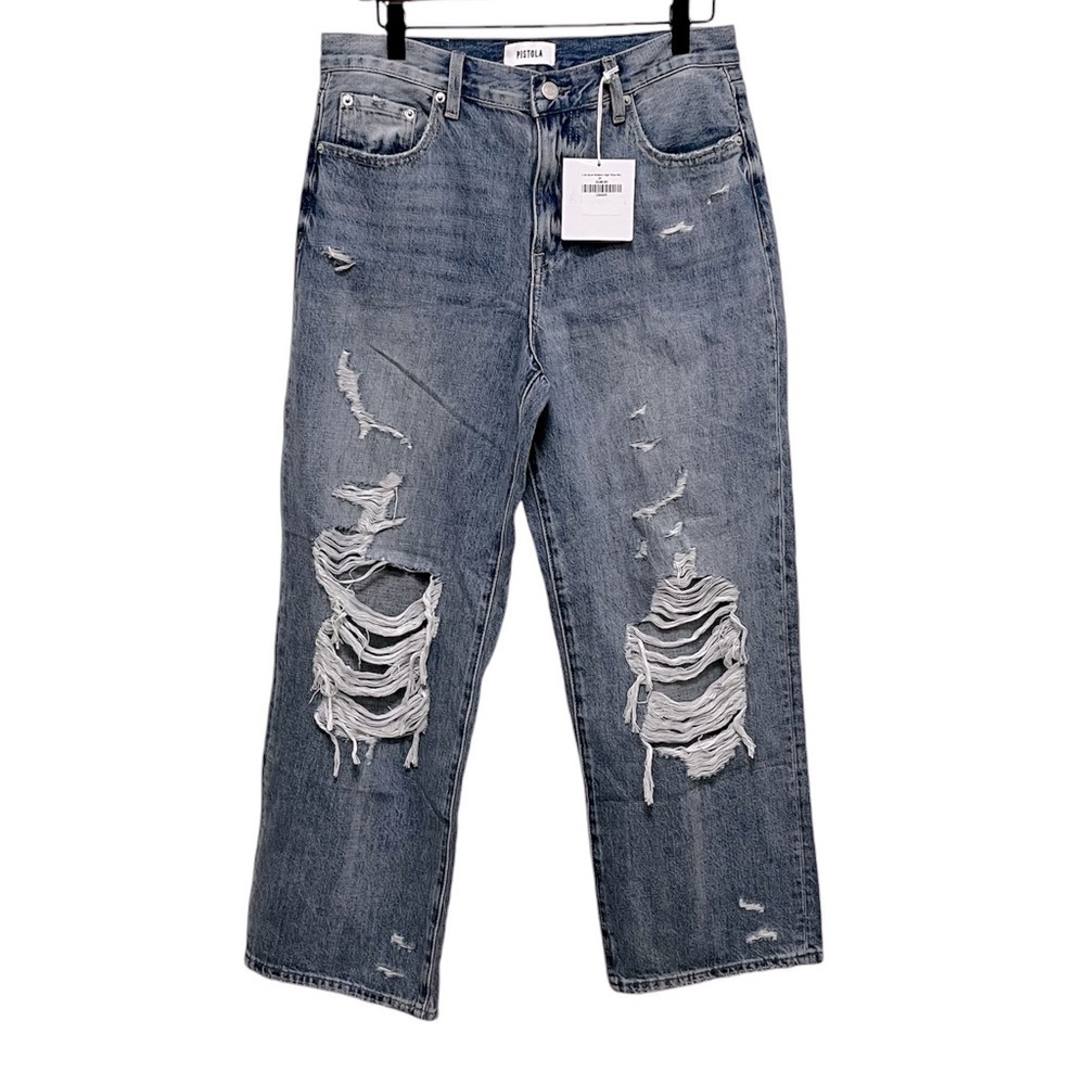 Pistola Womens Bobbie Blue Distressed High Rise Denim Wide Leg Jeans NWT